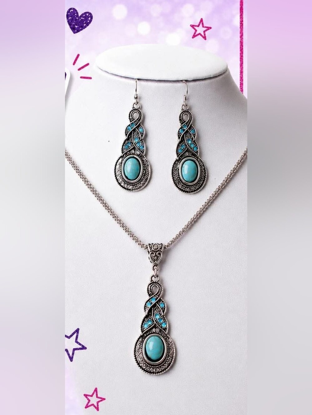 Turquoise Stone Silver-Tone Necklace and Earrings Set - Blue Brand New Southwest